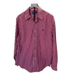 Ralph Lauren Custom Fit Red White Blue Stripe Dress Shirt 100% Cotton – Large